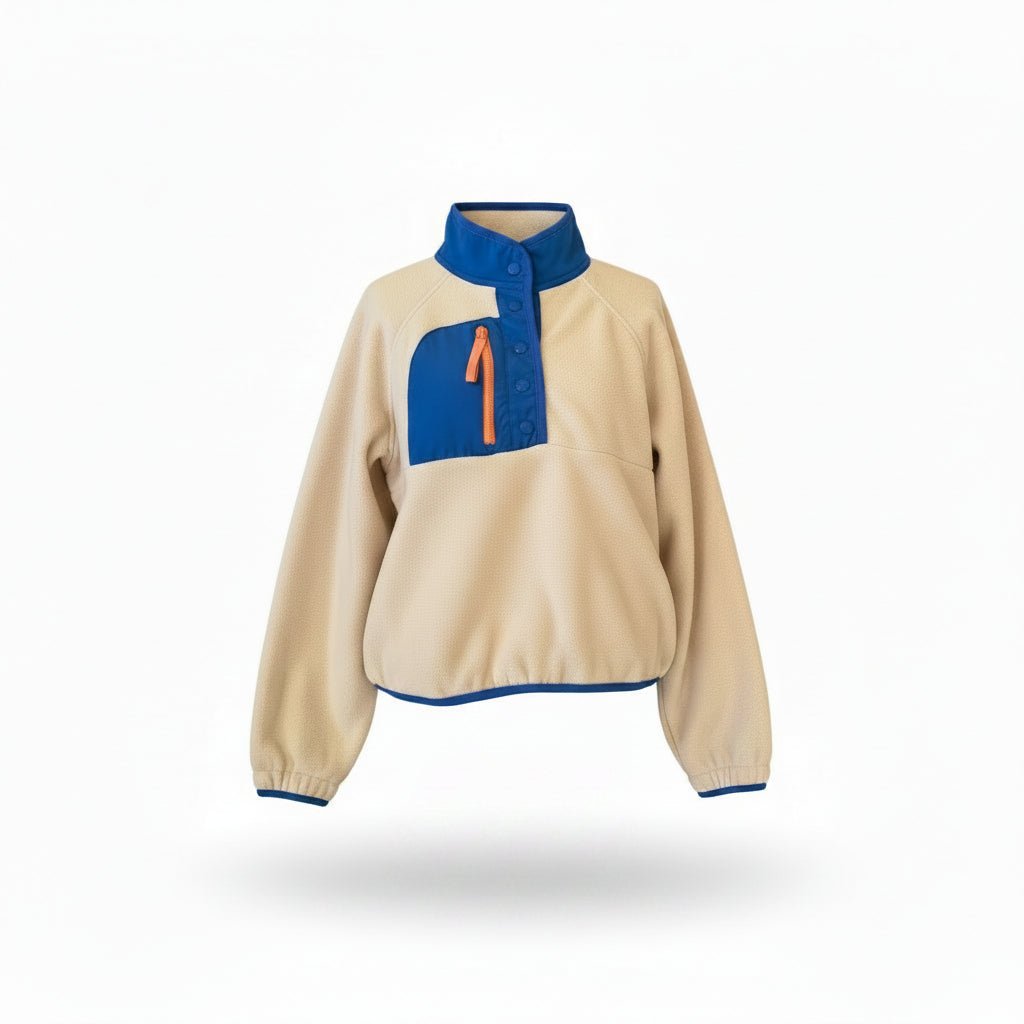 Hippie Rose Fleece Pullover Snap Neck Beige Blue Pink - S