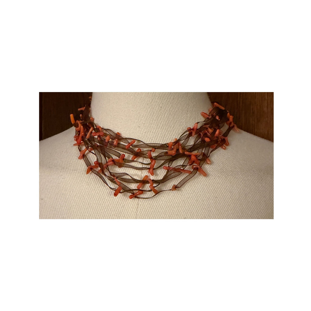 Coral "Slabs" on Black Sheer Ribbon Gathered Necklace 13-15"