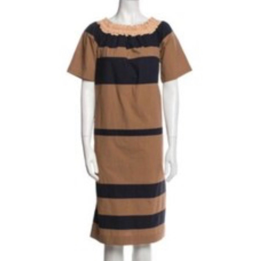 Odeeh Striped Cotton Shift Dress in Camel/NavyEU 38 (US 6-8)