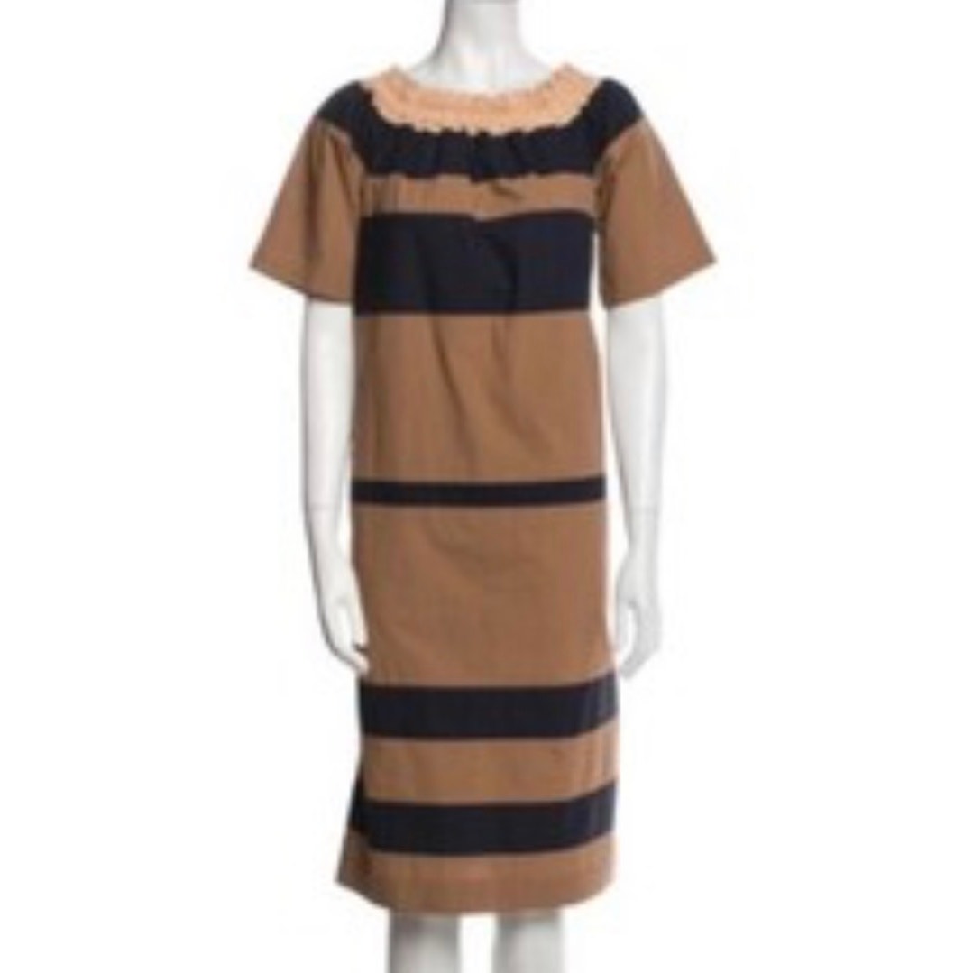 Odeeh Striped Cotton Shift Dress in Camel/NavyEU 38 (US 6-8)