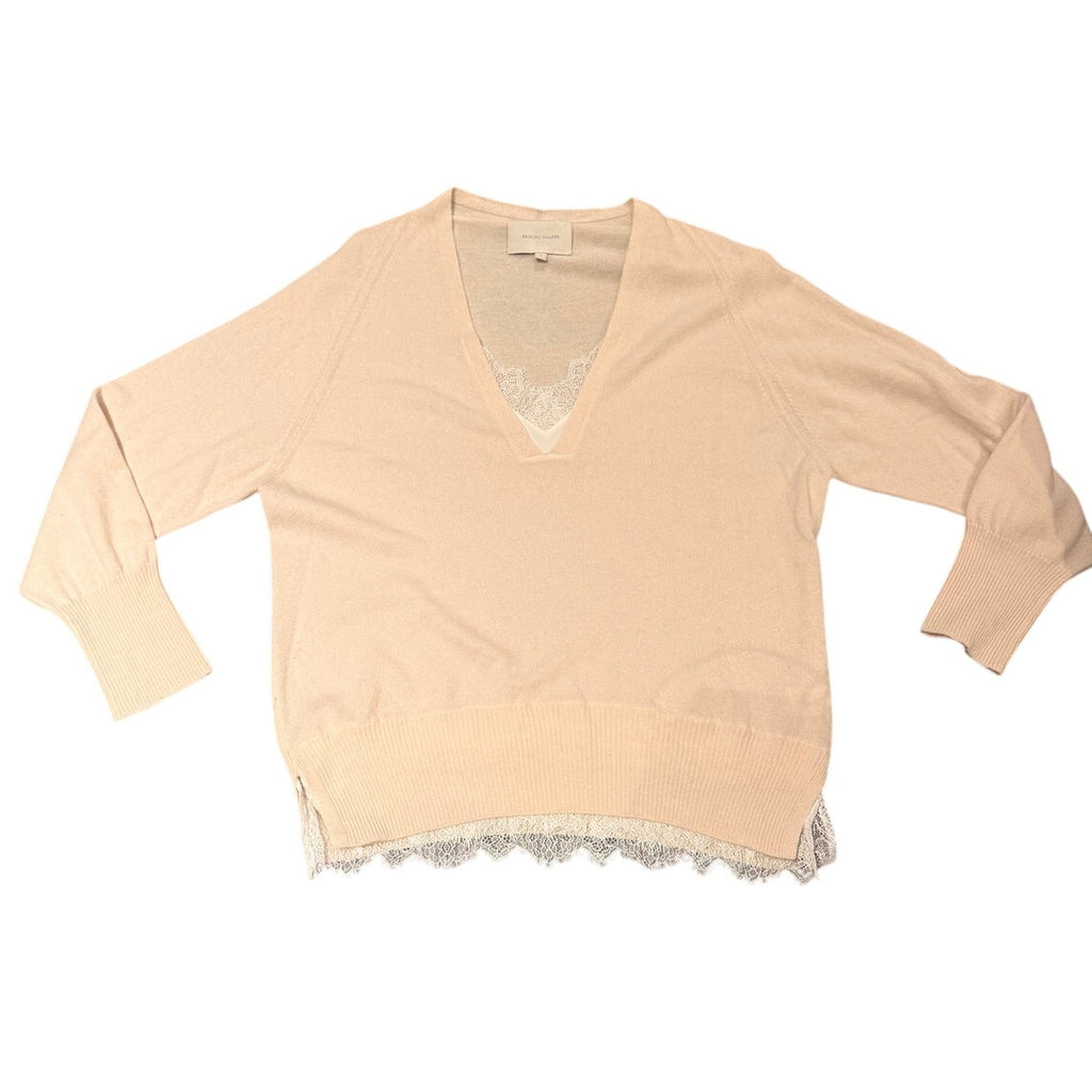 Brochu Walker Wool Cashmere Lace Inset V-Neck Sweater Size L Cream