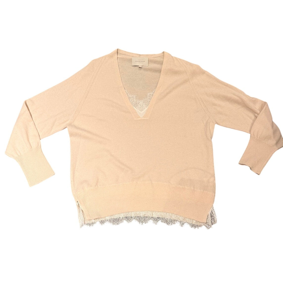 Brochu Walker Wool Cashmere Lace Inset V-Neck Sweater Size L Cream