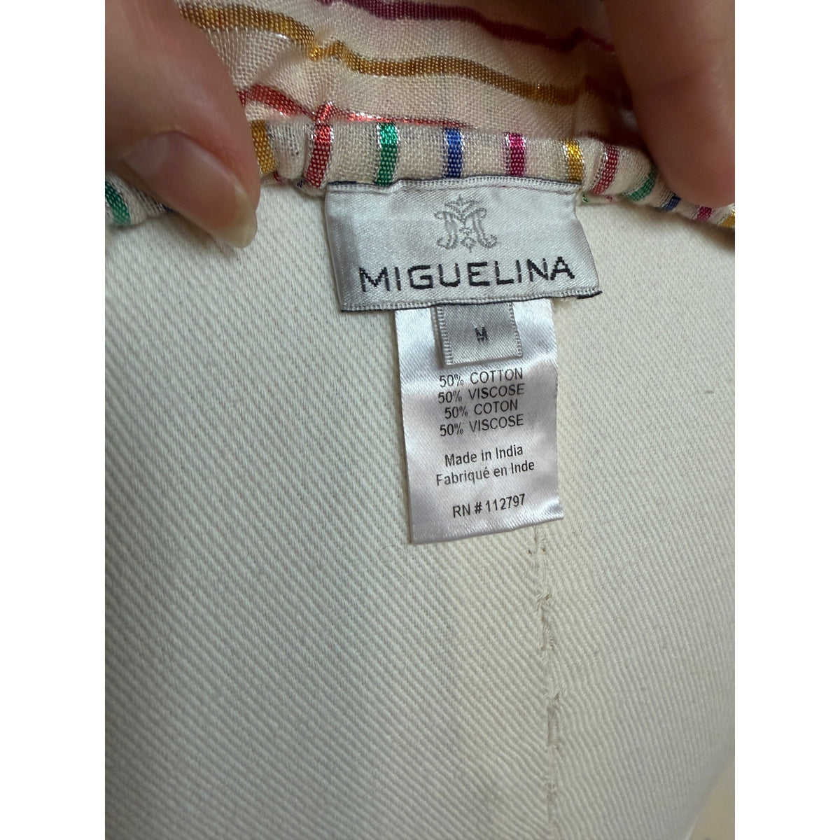 Miguelina Amiya Off-Shoulder Sheer Dress Metallic Stripe Multicolor Lace -Size M