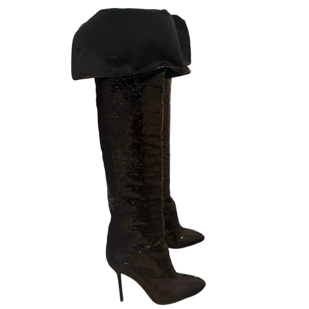 Sergio Rossi Black Sequin Over-the-Knee Stiletto Boots Size EU 41