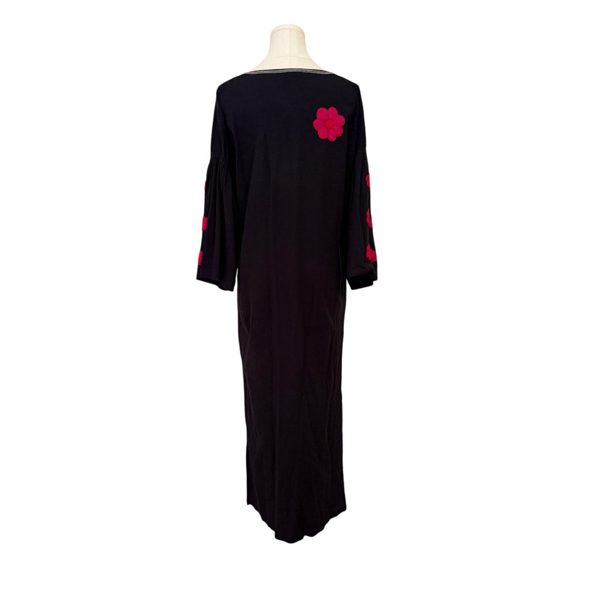 Sensei Studios Black Relaxed Flowy Dress with Hot Pink Floral Stitching - M