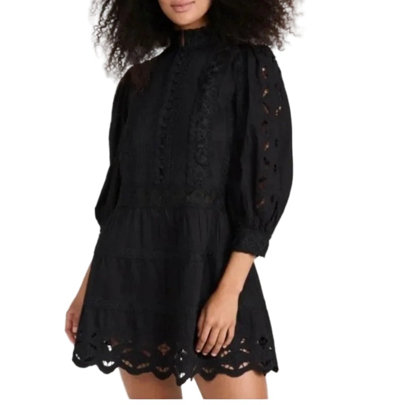 Alice + Olivia Black Clark Mandarin Collar Tiered Lace Mini Dress 4