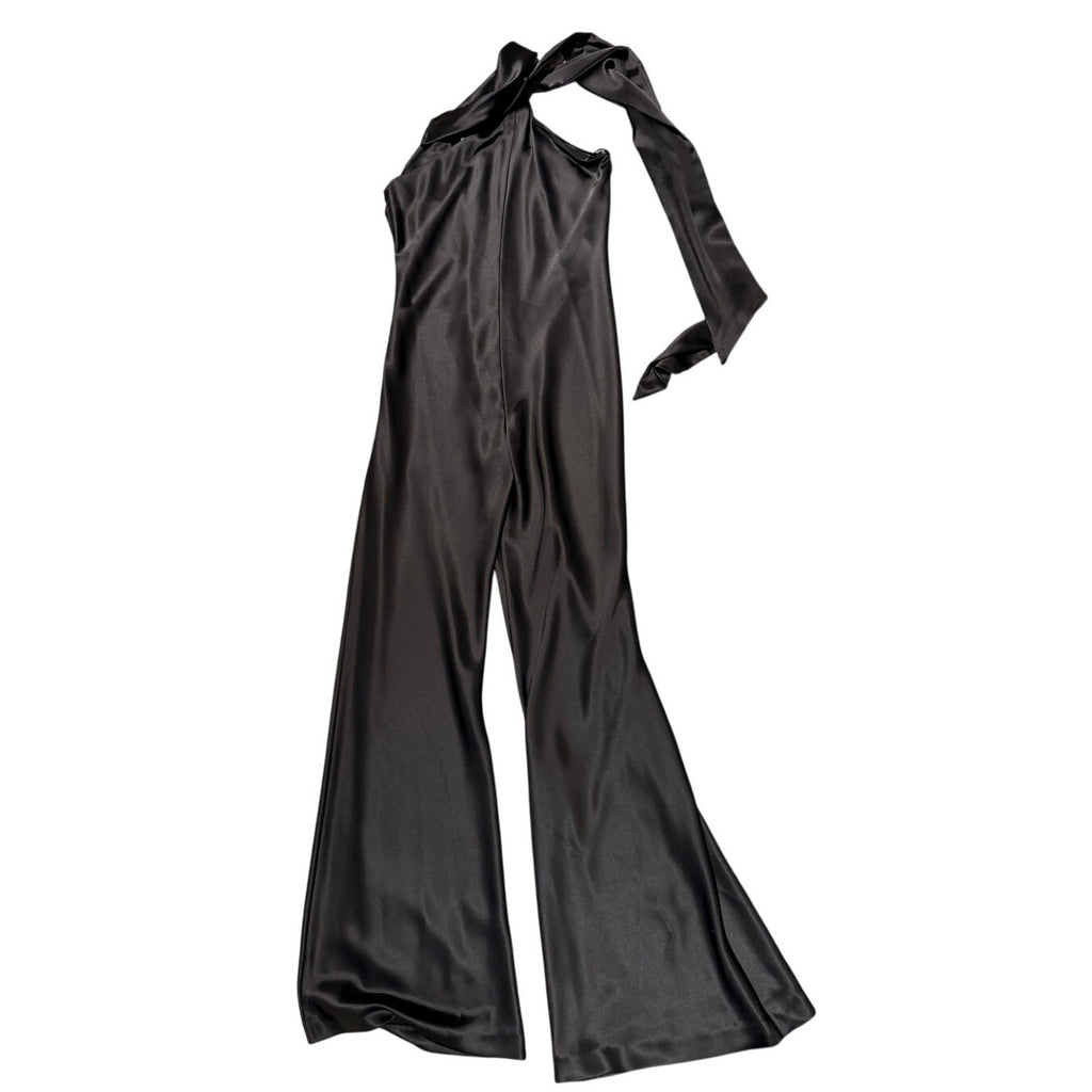 Galvan London Asymmetric Sash Satin Jumpsuit Black US 8