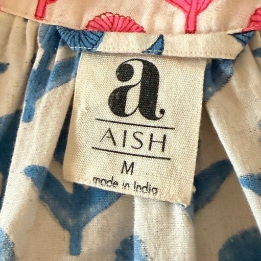 AISH Blue Pottery Handwoven Cotton Dress Blue Pink Oversized Midi - Size M/L
