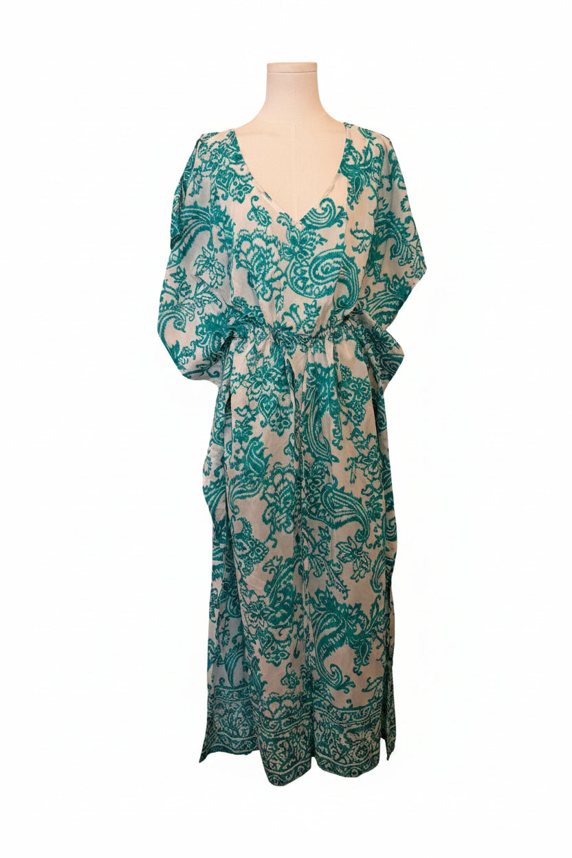 Toshie Italy NWOT Cotton Batwing Dress Aqua White V-Neck Drawstring Beaded - L