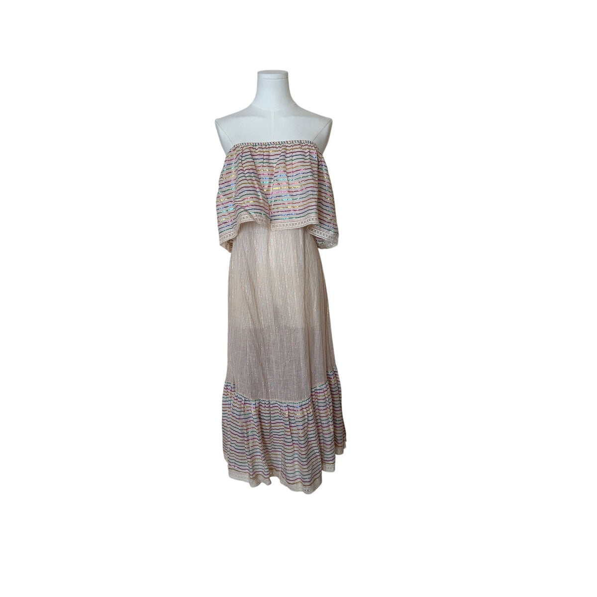Miguelina Amiya Off-Shoulder Sheer Dress Metallic Stripe Multicolor Lace -Size M