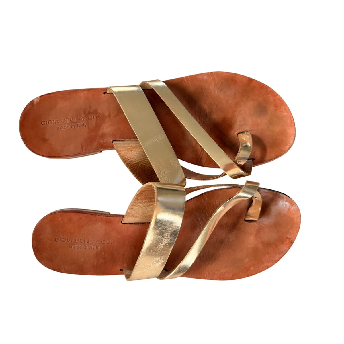 Gioia Dell’Acqua Gold Metallic Leather Toe-Loop Sandals Italy - Size 41