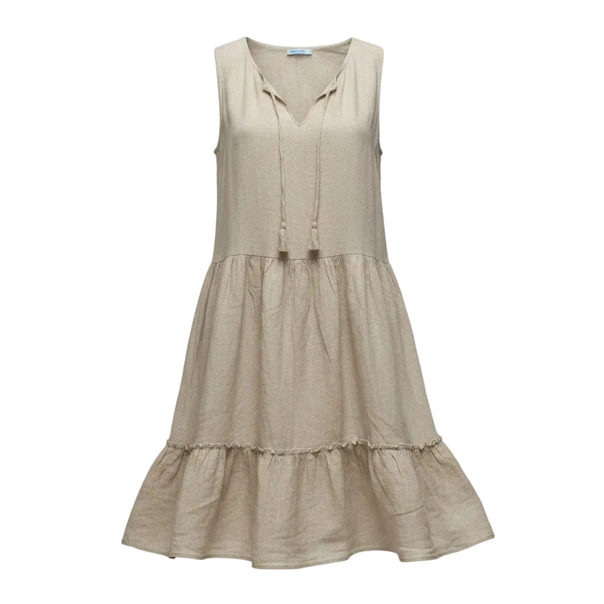 A sleeveless beige linen dress with a tiered ruffle hem and drawstring tie neckline, shown against a plain white background.