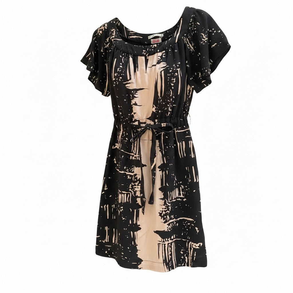 Yoana Baraschi Silk Black Cream Print Flutter Dress Sz 6