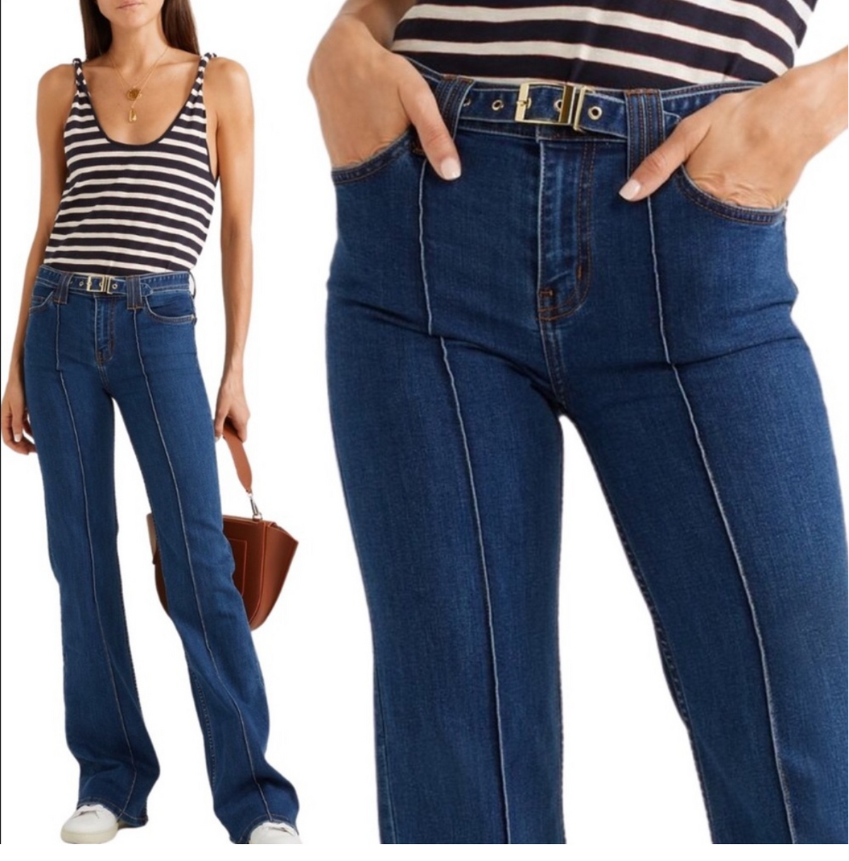 Woman wearing blue jeans with a striped top, displayed from different angles on a white background.