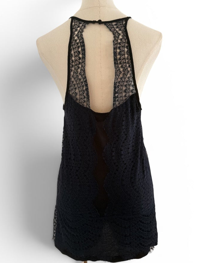 Anthropologie Navy Lace Overlay Cami Top - S
