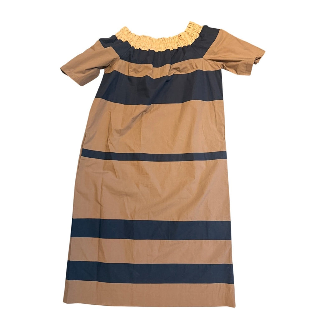 Odeeh Striped Cotton Shift Dress in Camel/NavyEU 38 (US 6-8)