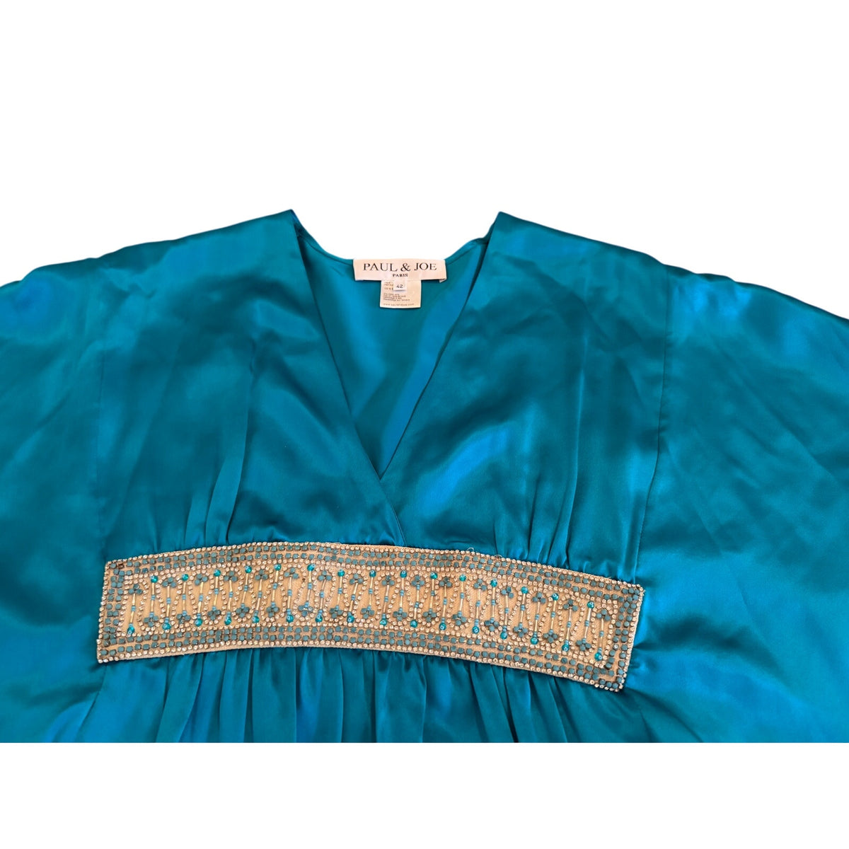 Paul & Joe Paris NWOT Aqua Mini Dress V-Neck Embellished Silk Lined - 42
