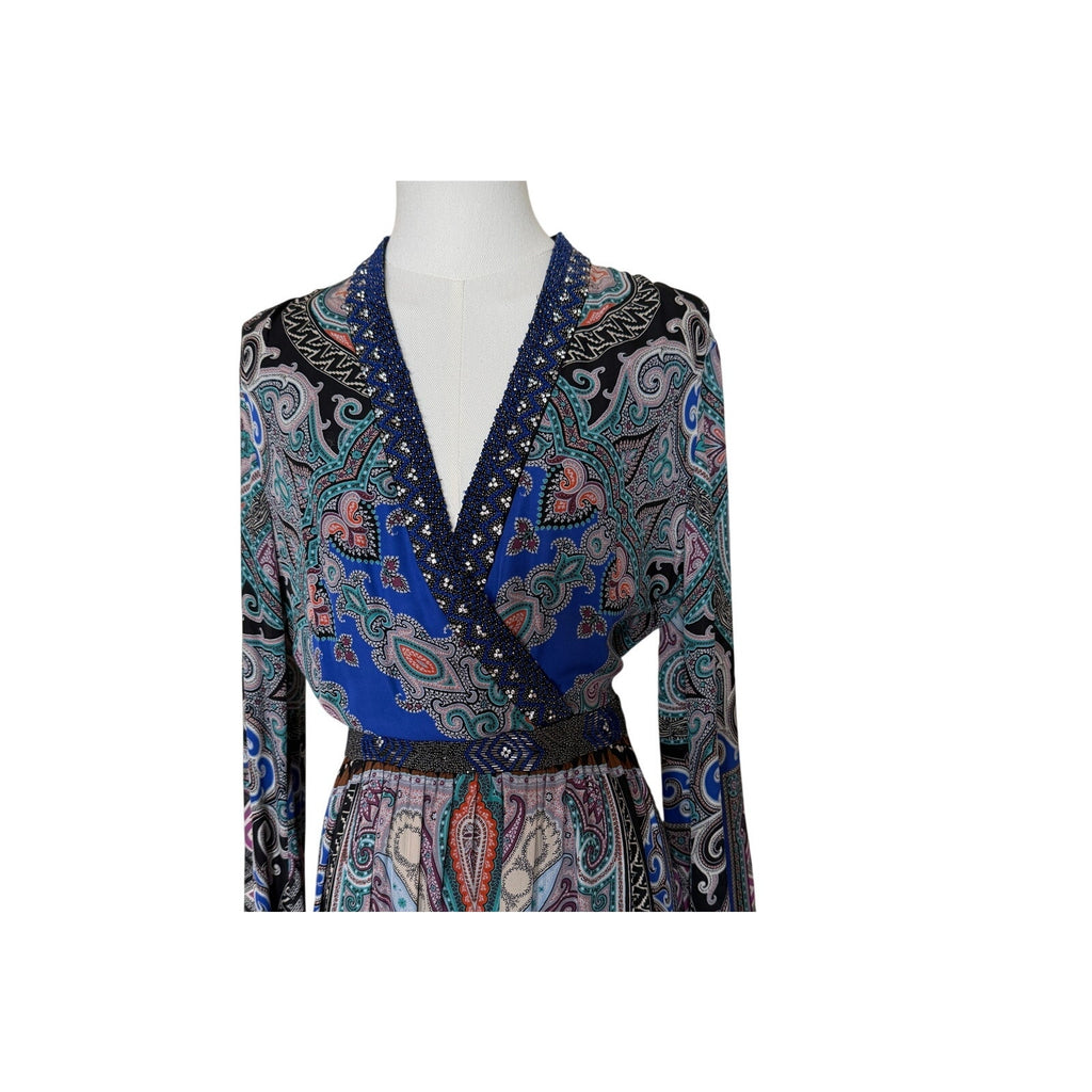 Etro Blue Black Pink Paisley Print Beaded Silk Maxi Dress 42 (US 6)