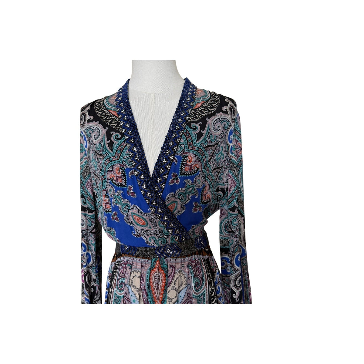 Etro Blue Black Pink Paisley Print Beaded Silk Maxi Dress 42 (US 6)