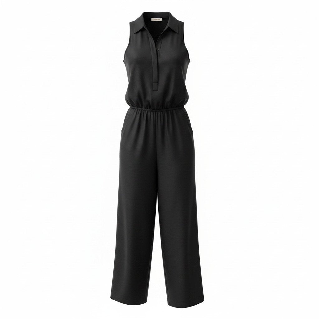 Sunner Black Sleeveless Collared Wide-Leg Jumpsuit - Large