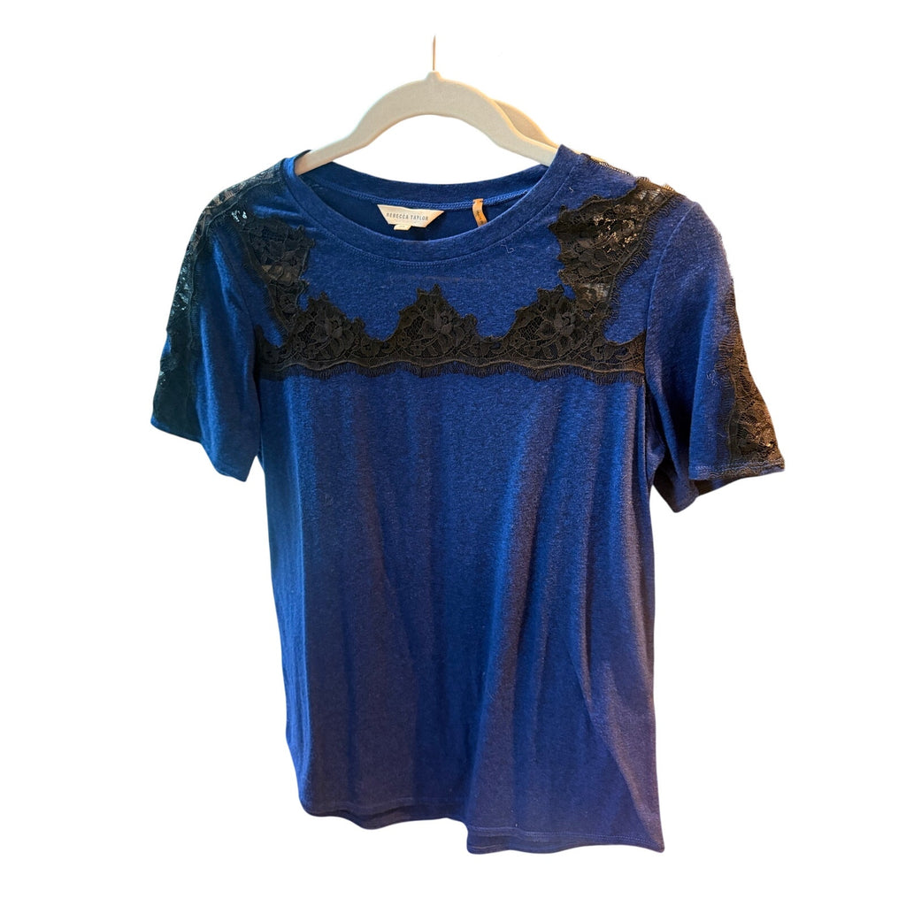 Rebecca Taylor Navy Lace-Trim Yoke Tee, Size XS