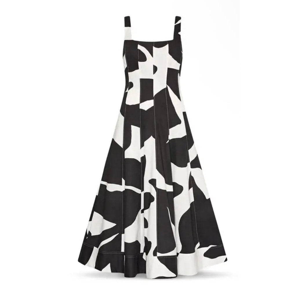 MILLY Grand Foliage Black White Poplin Midi Dress Size 6