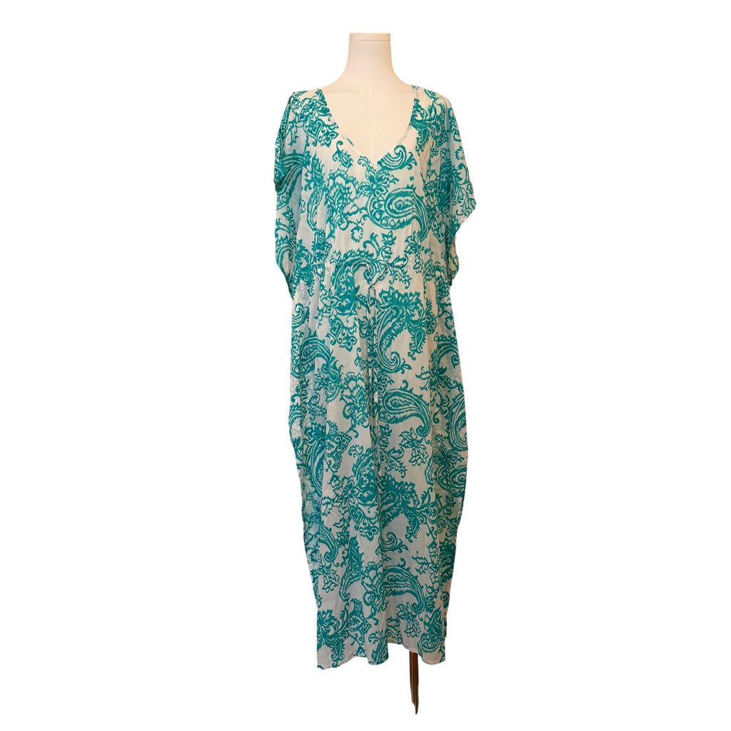 Toshie Italy NWOT Cotton Batwing Dress Aqua White V-Neck Drawstring Beaded - L