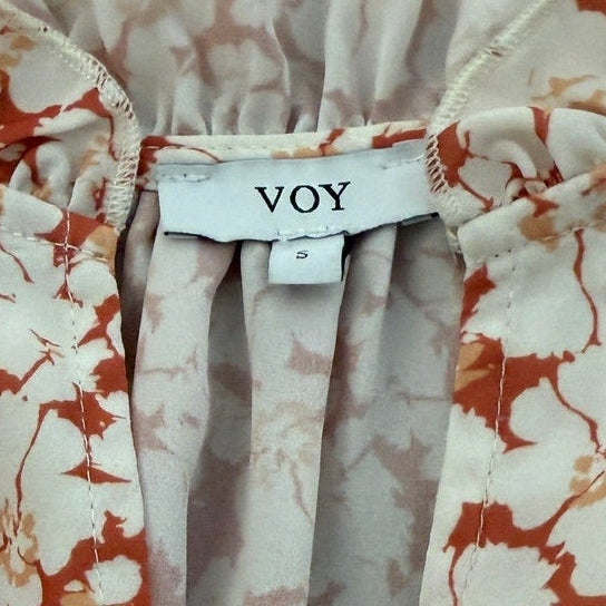 Voy Pleat-Sleeve Slight V-Neck Ruched Waist Blouse Orange w/White Flowers -Small
