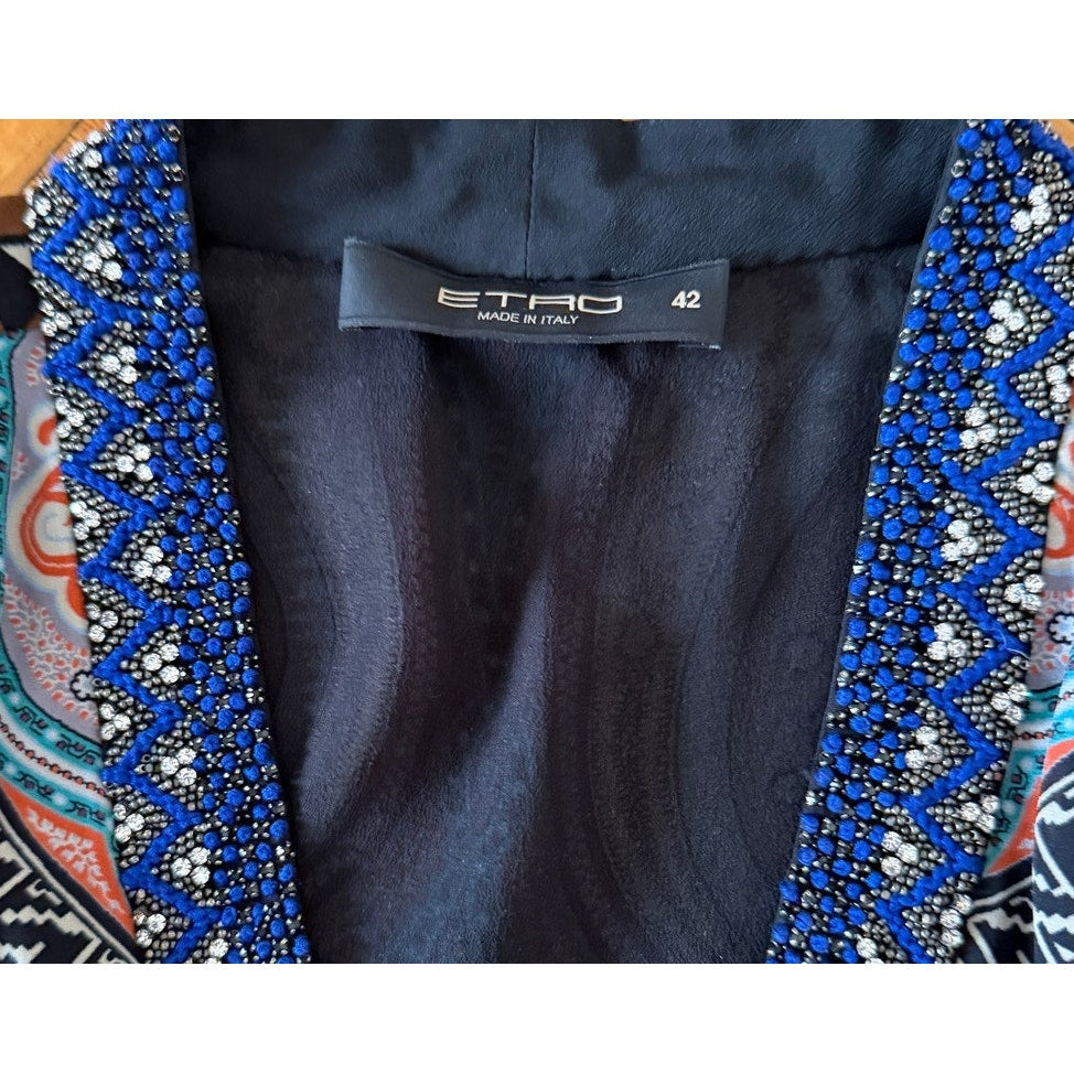 Etro Blue Black Pink Paisley Print Beaded Silk Maxi Dress 42 (US 6)