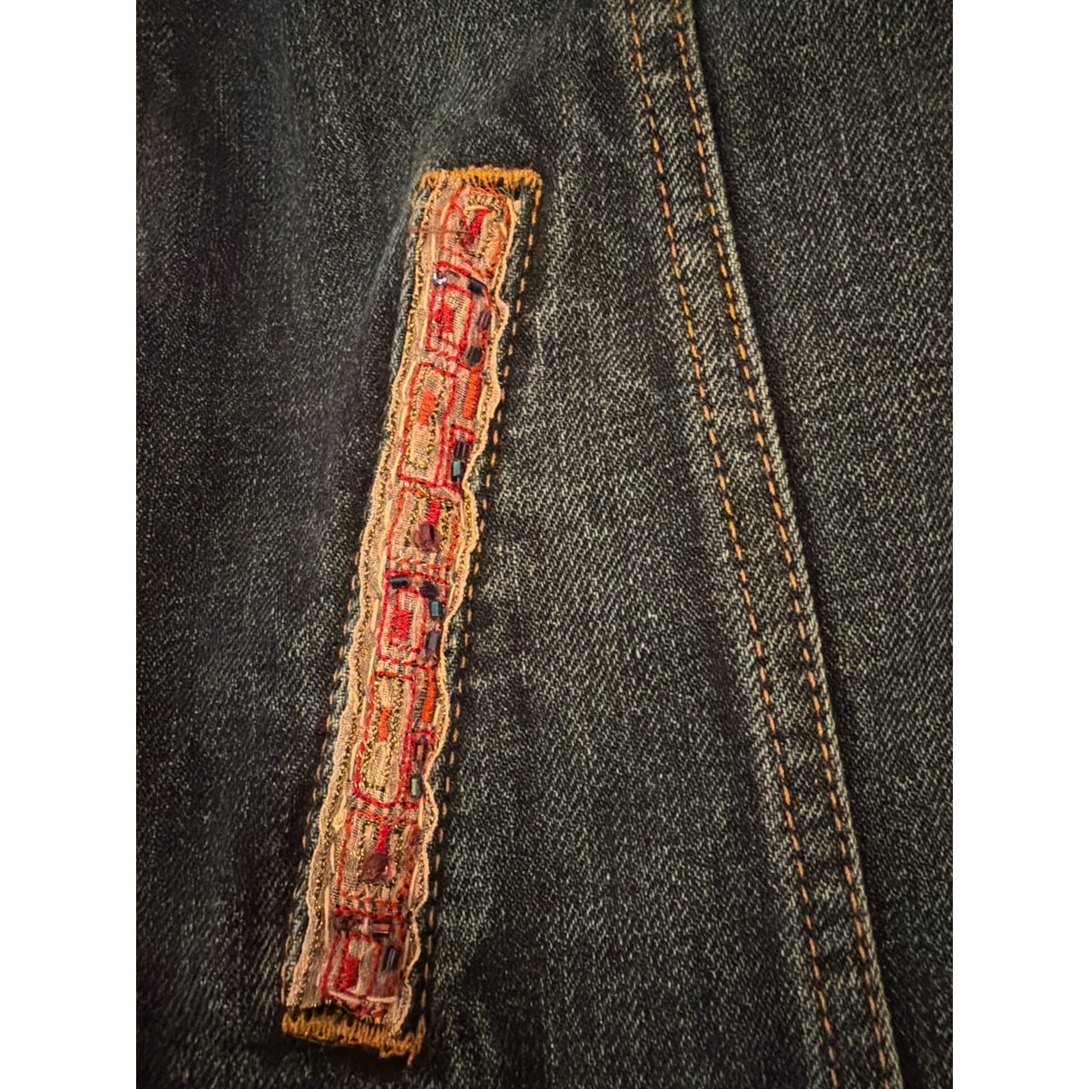 REIMAGINED by Bailey Grace: Dark Denim Jean Jacket w/ Pink and Beaded Trim - M