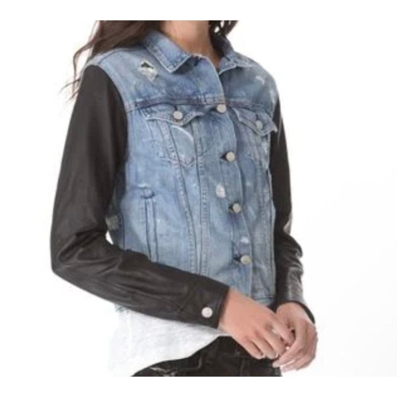 Rag & Bone Blue Denim Black Leather Sleeve Trucker Jacket Medium