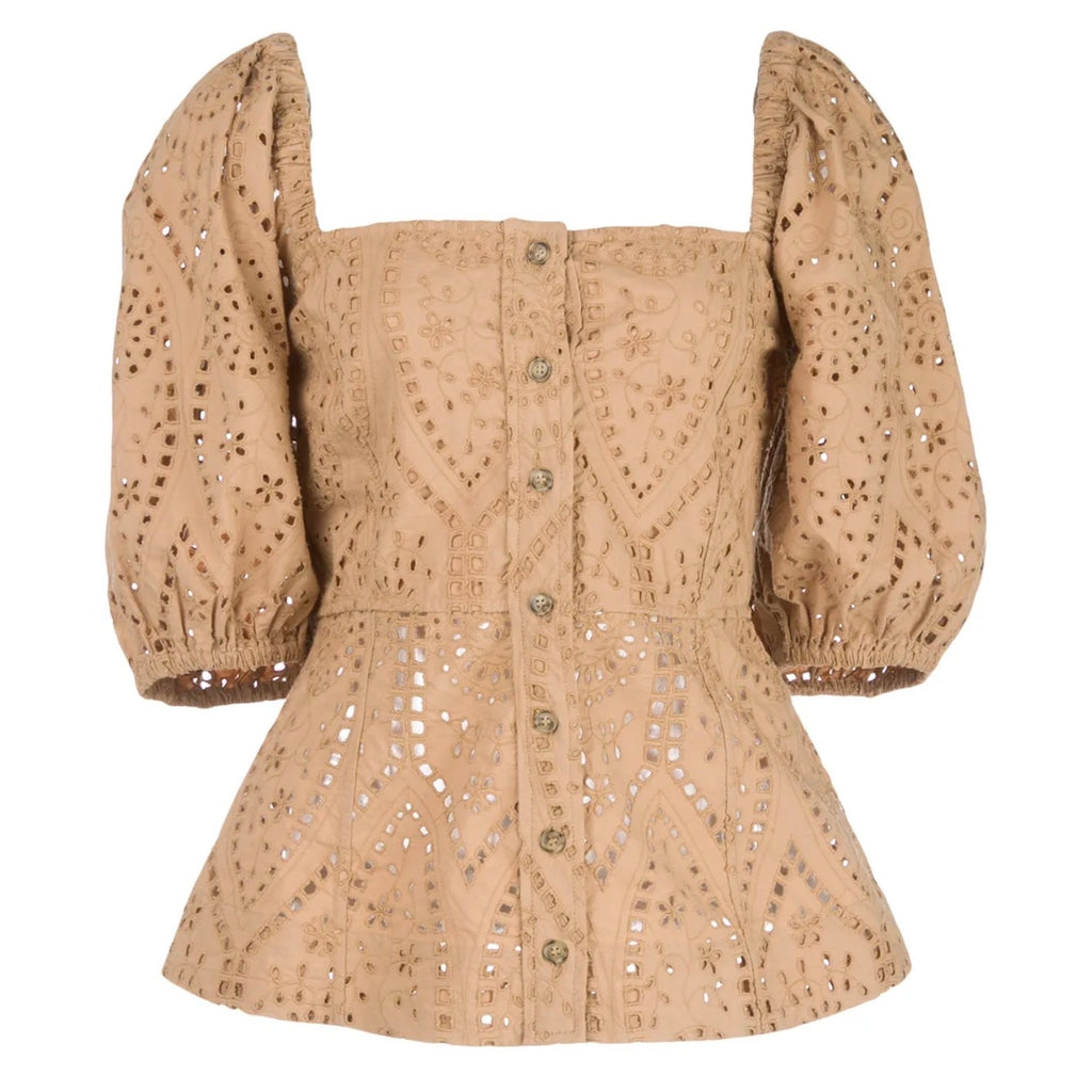 Ganni Broderie Anglaise Eyelet Blouse Camel Brown Cotton Climate Tagged- 36 /US8