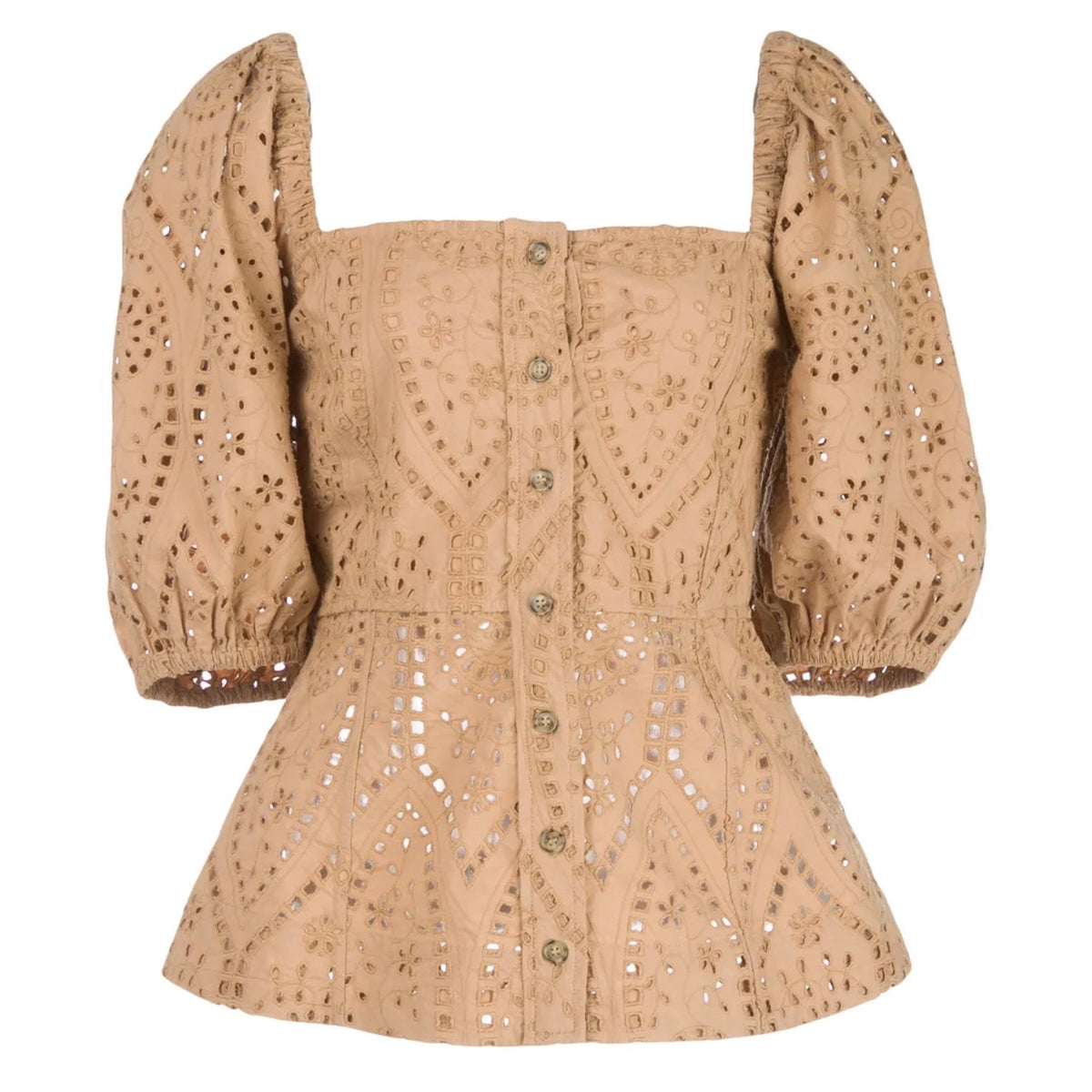 Ganni Broderie Anglaise Eyelet Blouse Camel Brown Cotton Climate Tagged- 36 /US8