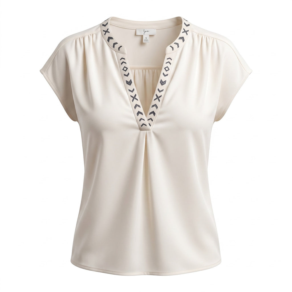 Joie Ivory Embroidered Split-Neck Silk Blouse, Size S