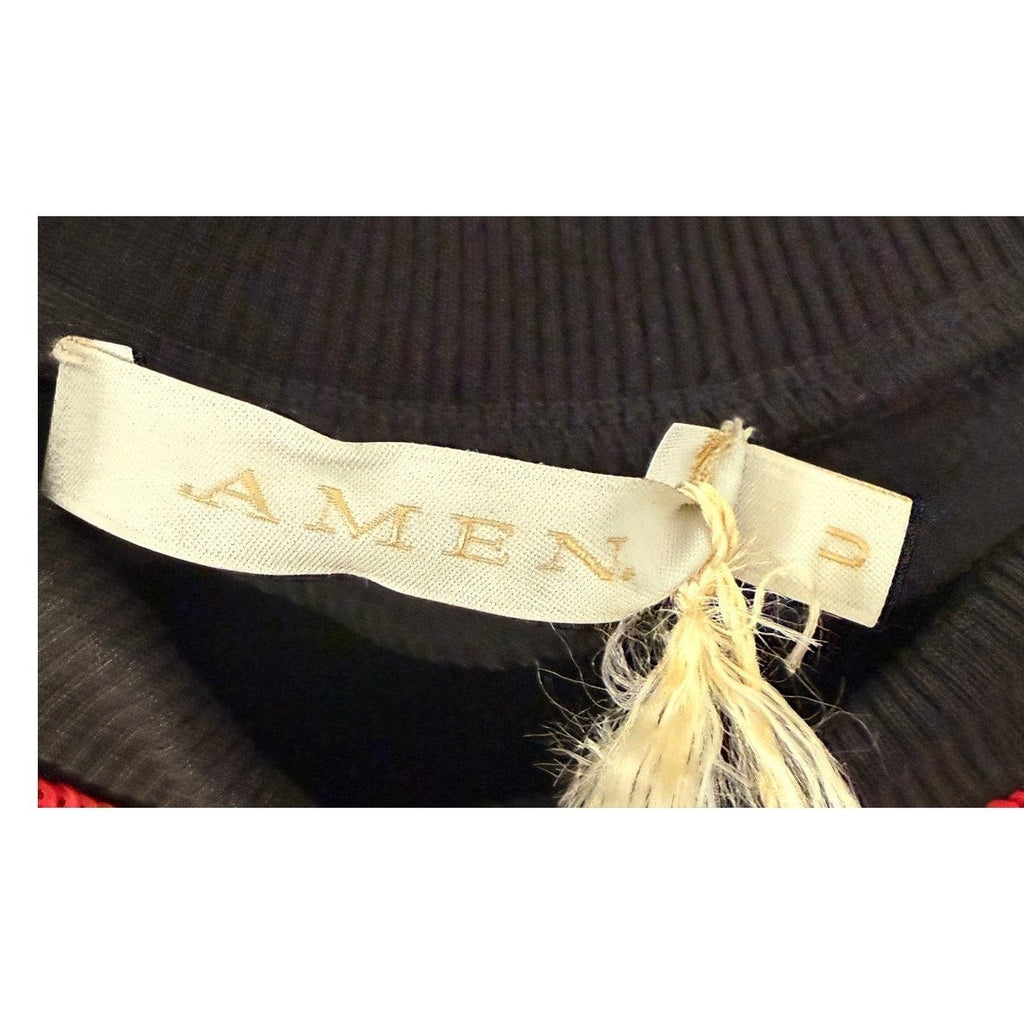 Bailey Grace Closet Concierge AMEN black sequin mini dress with red/white star graphic, sleeveless, ribbed trim neckline, size M.