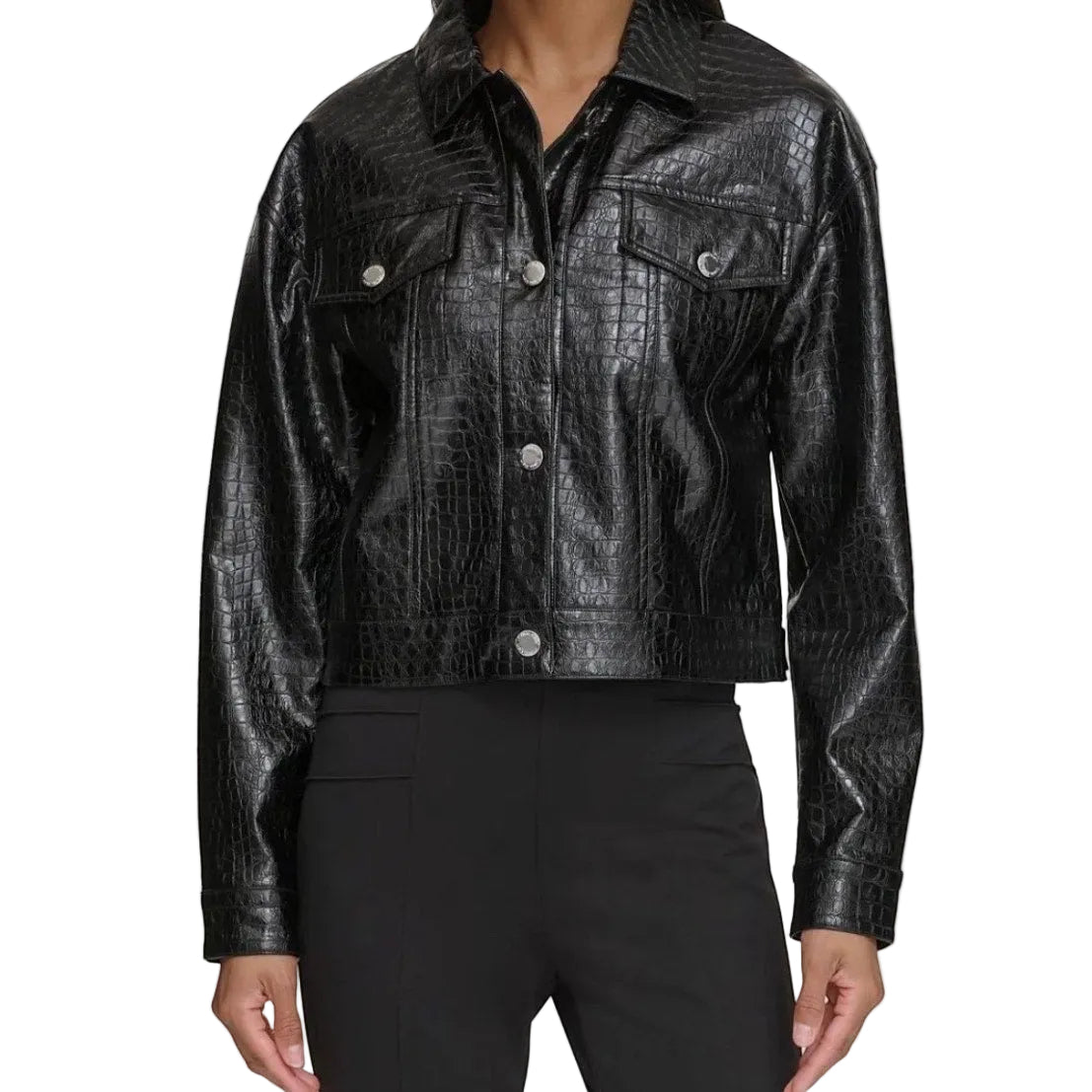 Bailey Grace Closet Concierge Calvin Klein black croc-embossed faux leather cropped trucker jacket with silver buttons.
