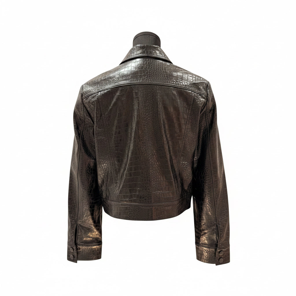 Bailey Grace Closet Concierge Calvin Klein black faux leather croc-embossed cropped trucker jacket, back view.
