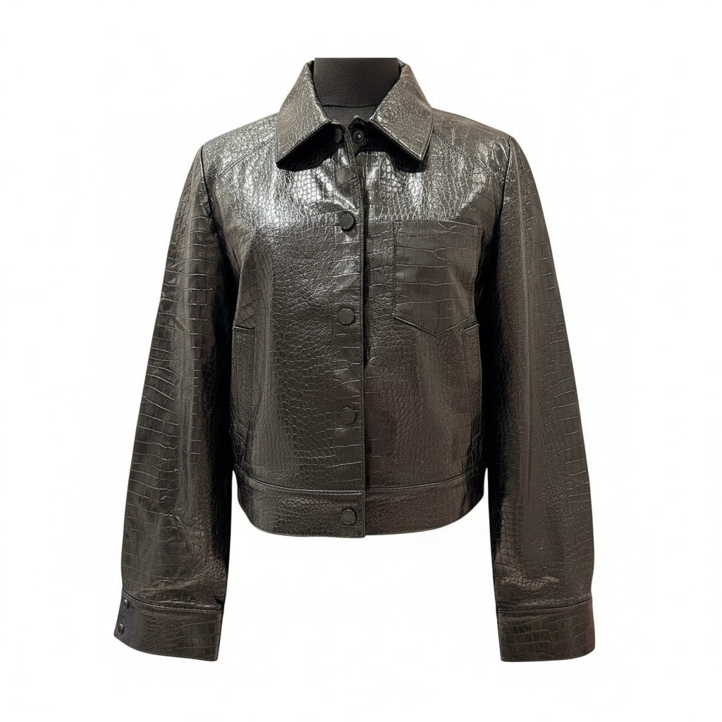 Bailey Grace Closet Concierge Calvin Klein black faux leather croc-embossed cropped trucker jacket with button front