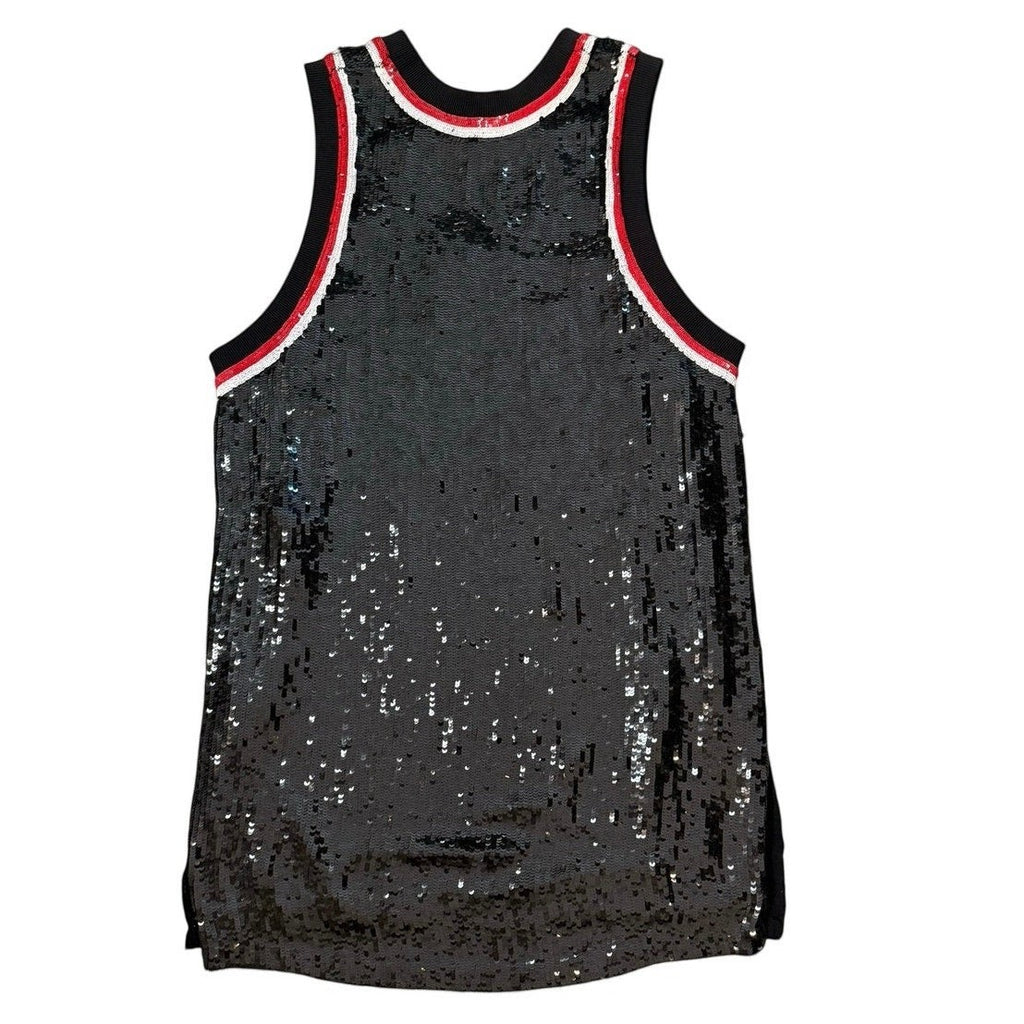 Bailey Grace Closet Concierge black sequin mini dress with red and white striped ribbed trim neckline. Sleeveless shift silhouette.