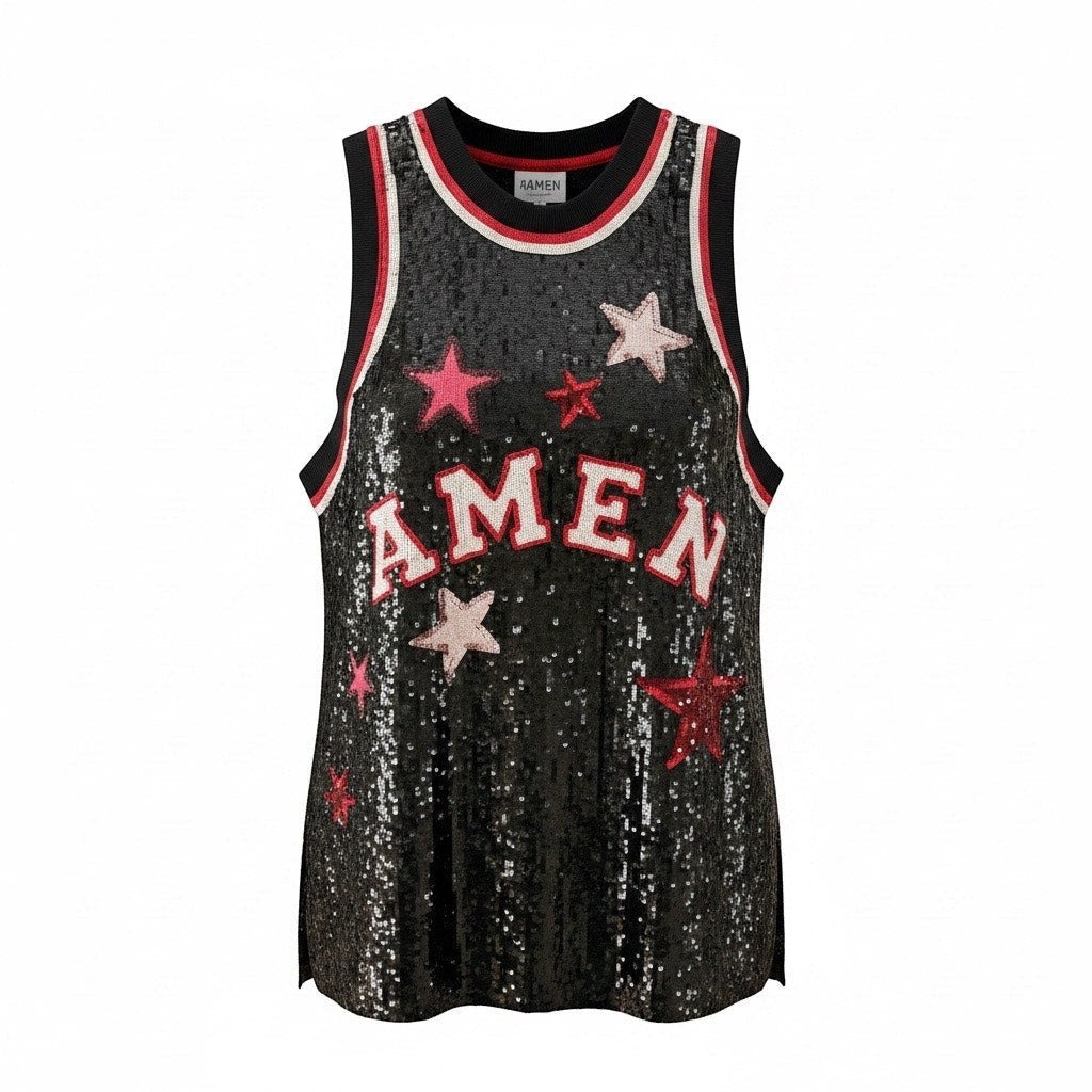 Bailey Grace Closet Concierge black sequin mini dress with red and white star graphics and AMEN logo. Sleeveless with ribbed trim.