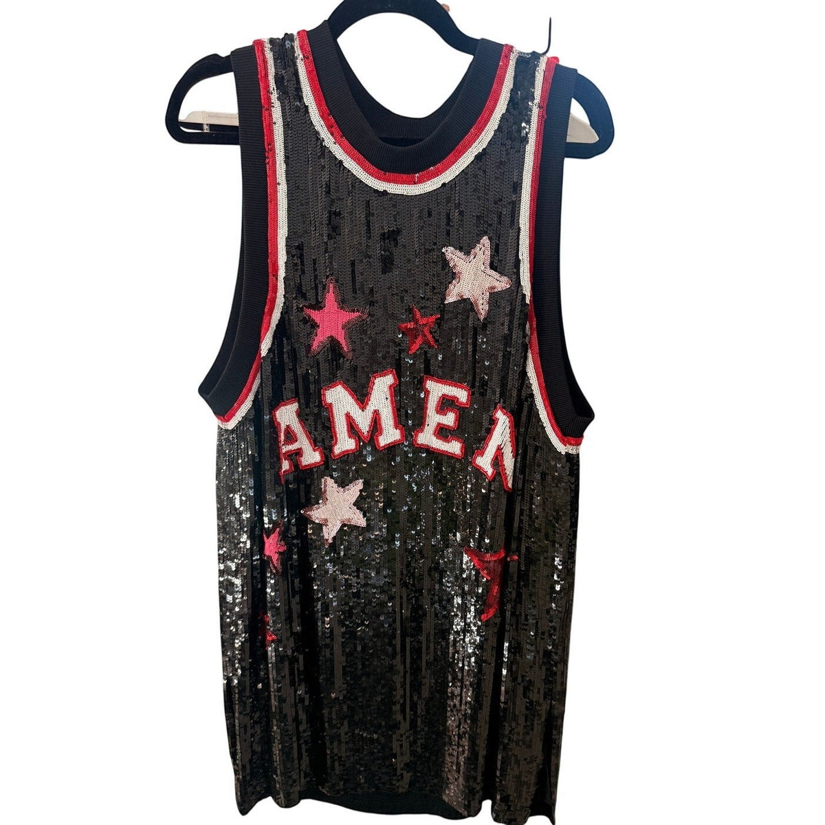 Bailey Grace Closet Concierge black sequin mini dress with red and white stars and AMEN graphic. Sleeveless with ribbed trim.