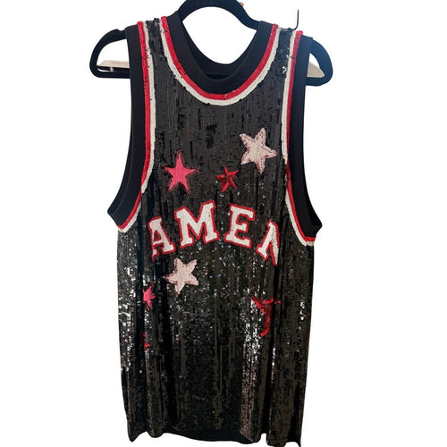 Bailey Grace Closet Concierge black sequin mini dress with red and white stars and AMEN graphic. Sleeveless with ribbed trim.