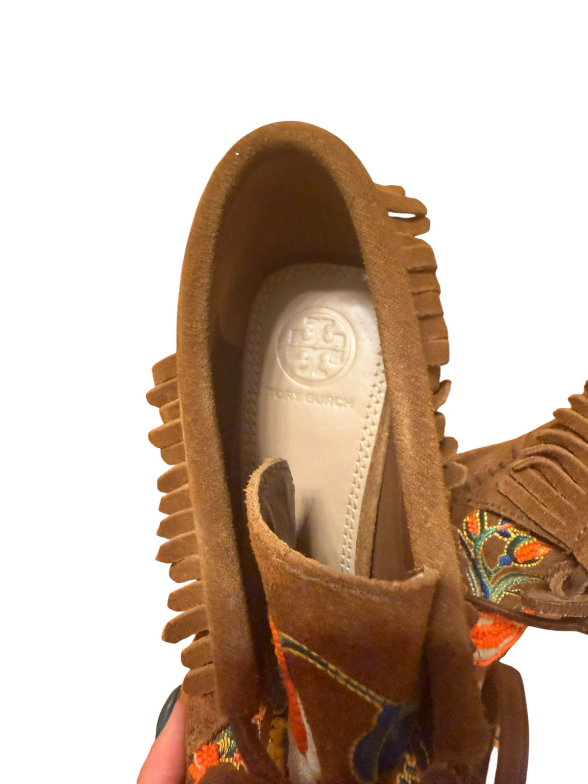 Bailey Grace Closet Concierge Tory Burch brown suede moccasins with fringe trim, floral embroidery, and block heel