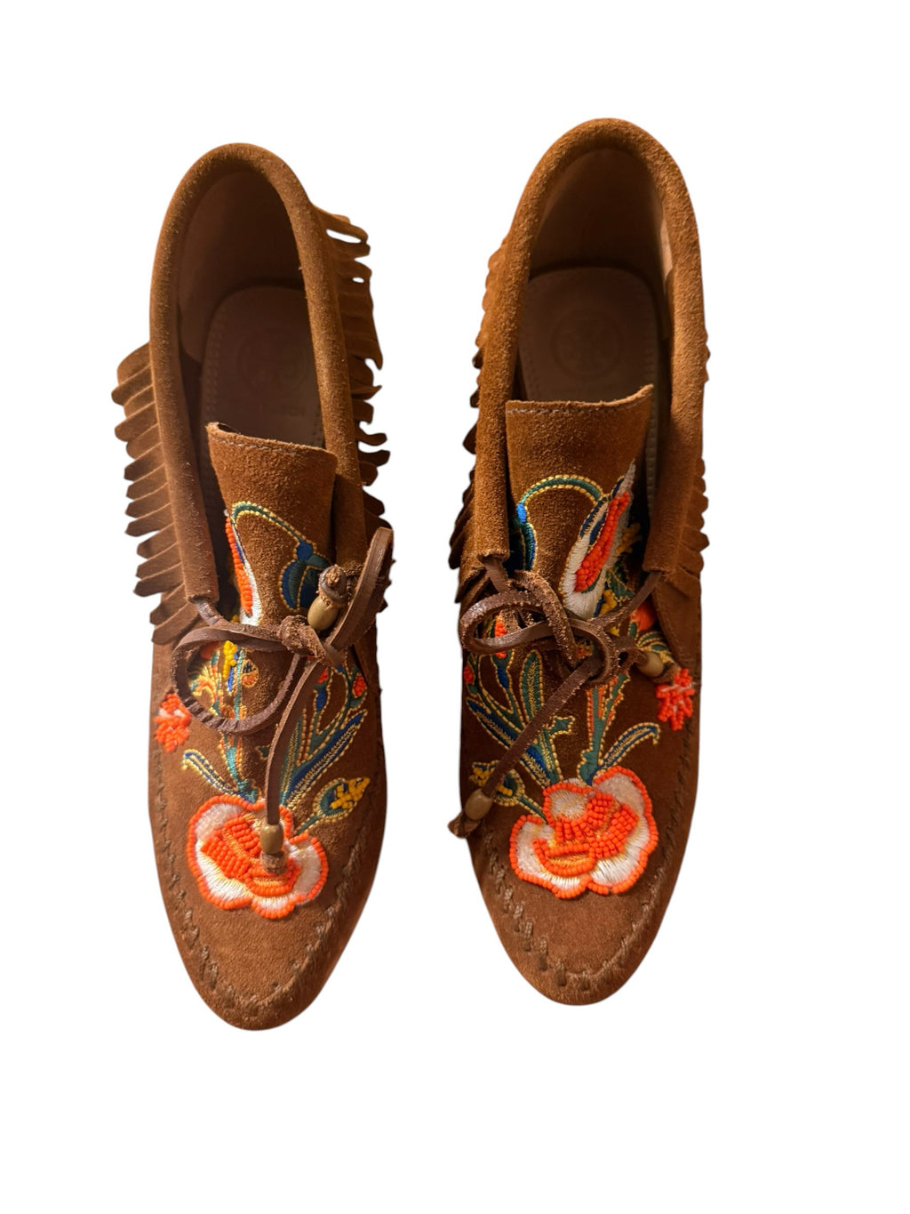 Bailey Grace Closet Concierge brown suede moccasins with vibrant floral embroidery, beadwork, and fringe trim.