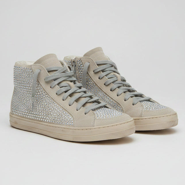Bailey Grace Closet Concierge grey suede P448 high-top sneakers with iridescent crystal embellishments on hardwood floor
