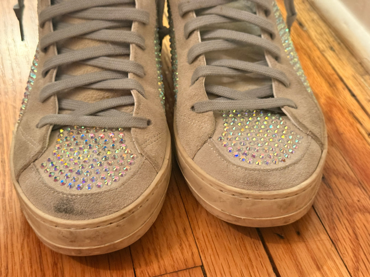 Bailey Grace Closet Concierge P448 grey suede high-top sneakers with iridescent crystal embellishments on the toe box.