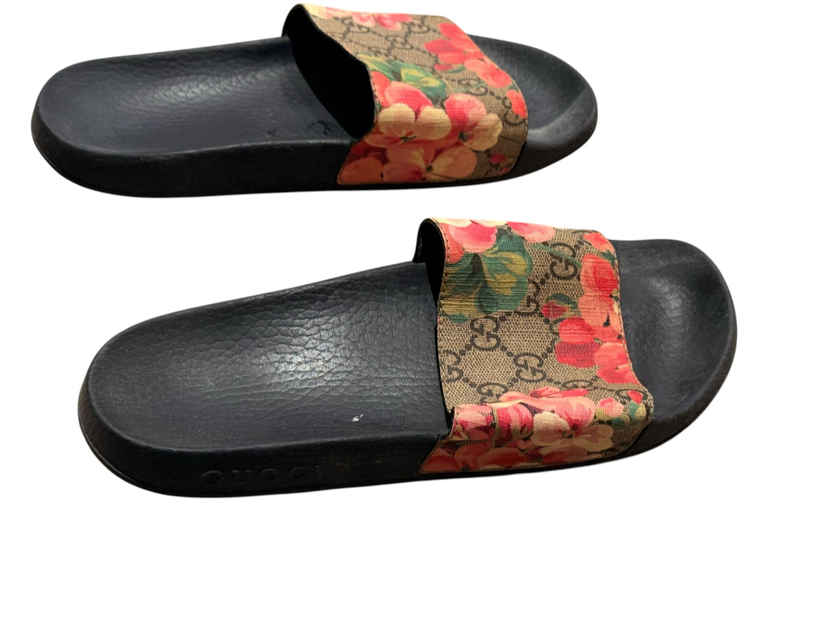 Bailey Grace Closet Concierge Gucci floral print rubber slide sandals with GG monogram canvas and black footbed