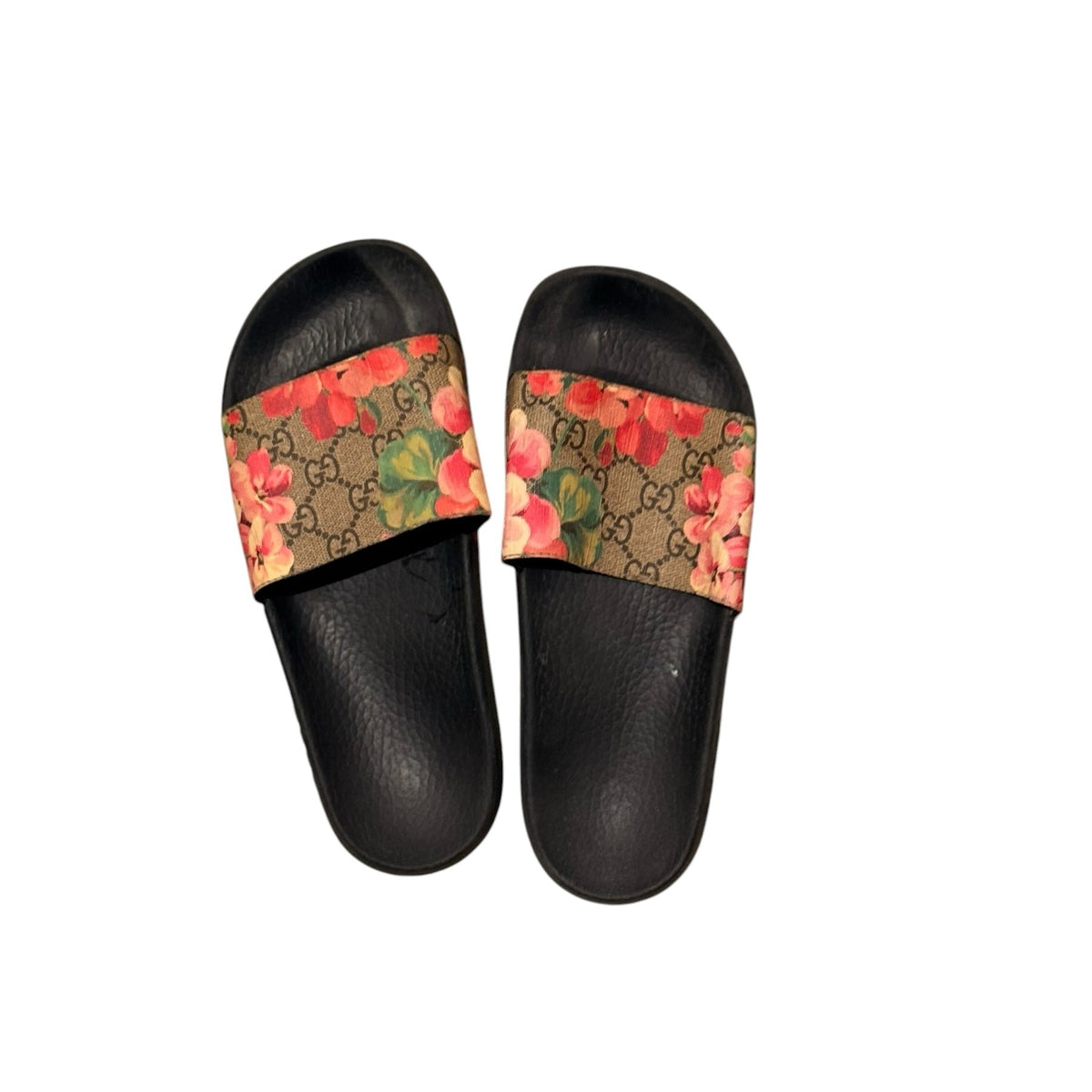 Bailey Grace Closet Concierge Gucci slide sandals featuring GG monogram canvas with vibrant floral print and black sole