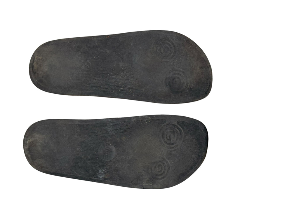 Bailey Grace Closet Concierge black rubber Gucci slide sandal footbeds with embossed GG monogram branding