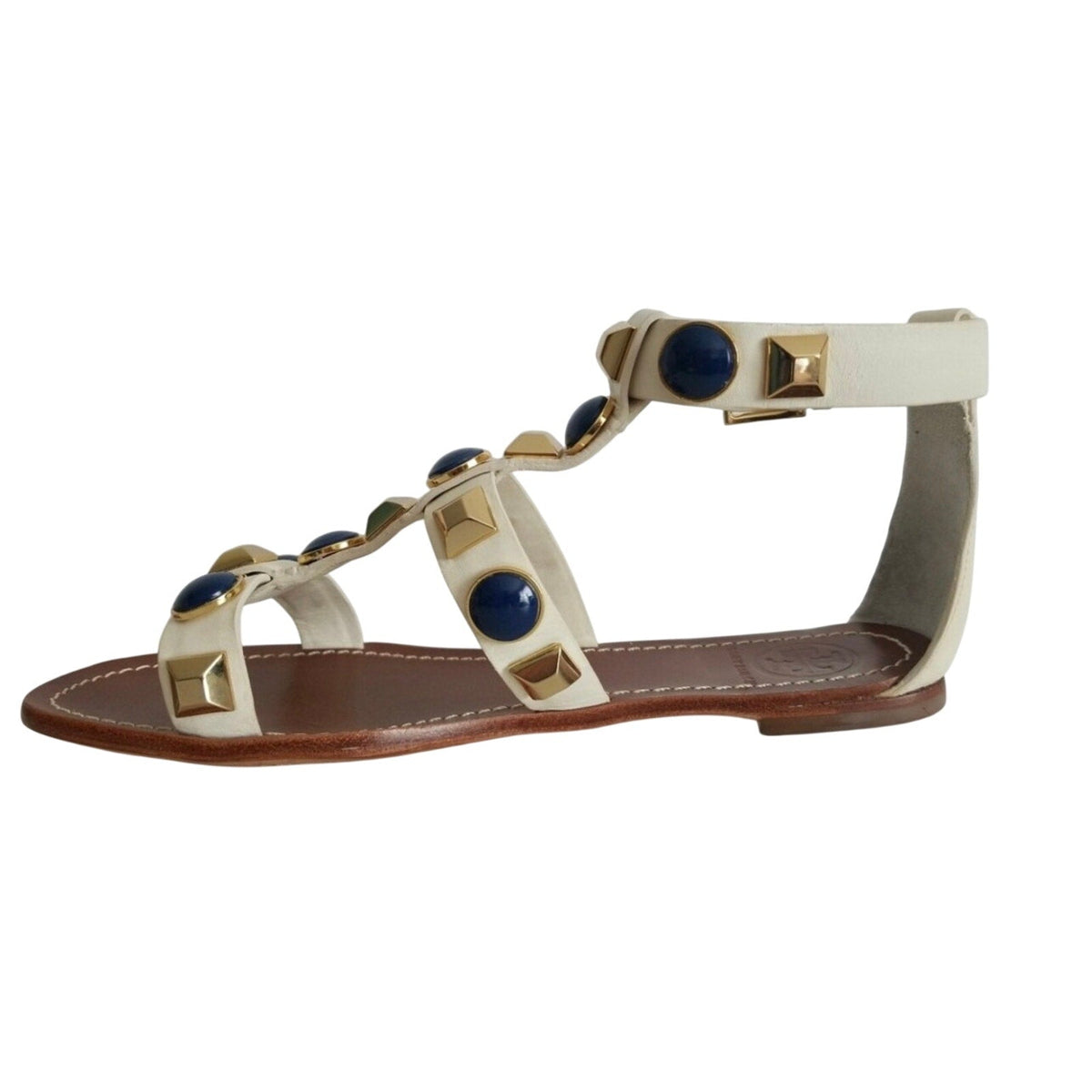 Bailey Grace Closet Concierge Tory Burch ivory leather gladiator sandals with cobalt blue stones and gold studs